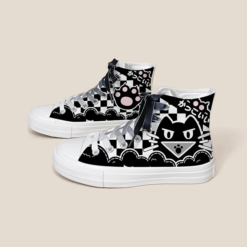 Women's Black-and-White Graffiti High-Top Canvas Sneakers