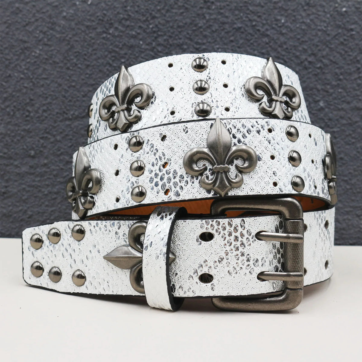 Crocodile-Embossed PU Belt with Fleur-de-Lis Rivets and Double Buckle