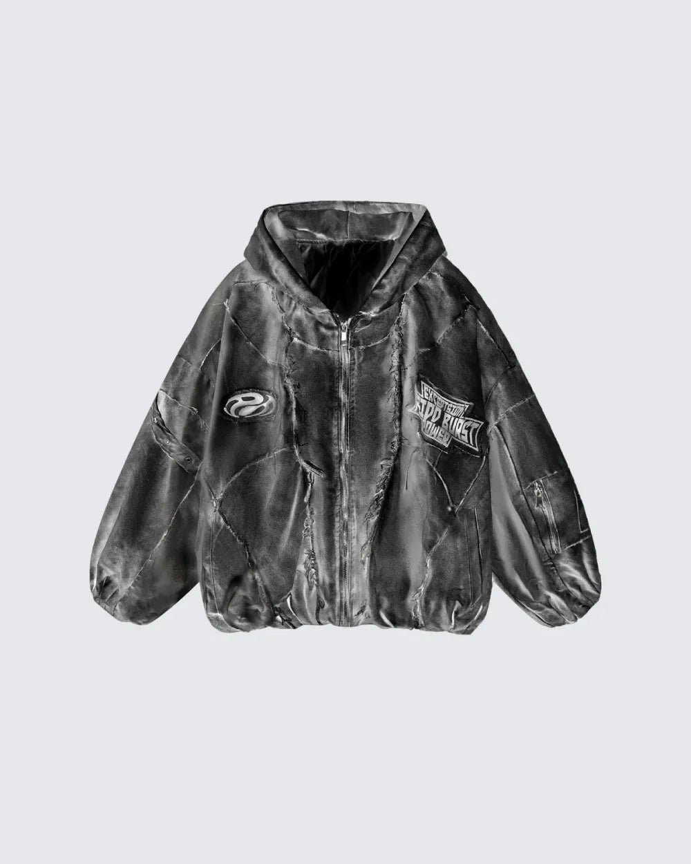 Men's Black Hooded Zip Jacket with Graphic Patches