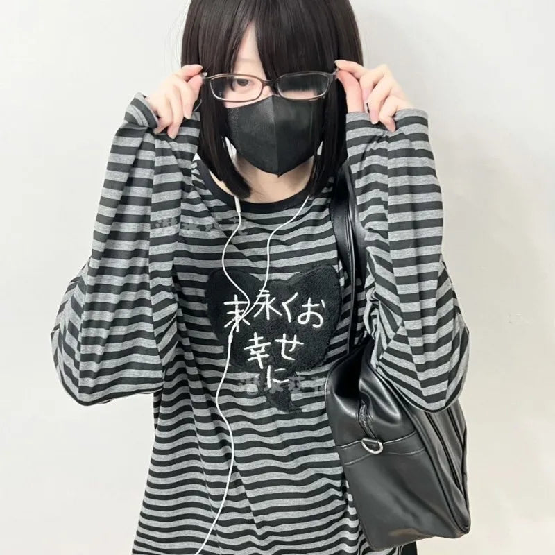 Gray Striped Long-Sleeve Top with Embroidered Heart Graphic