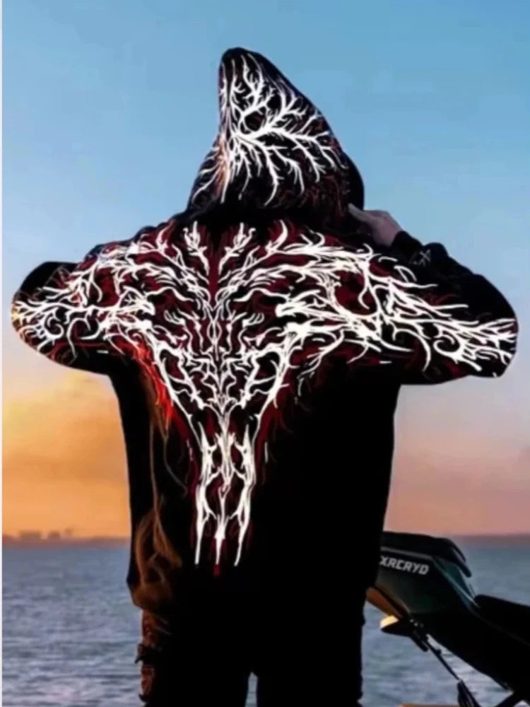 Men's Black Graphic Print Zip Hoodie