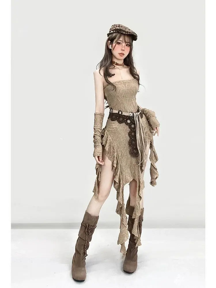 Khaki Strapless Ruffle-Fringe Dress