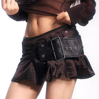 Women's Black Faux Leather Patchwork Ruffled Mini Skirt with Belt