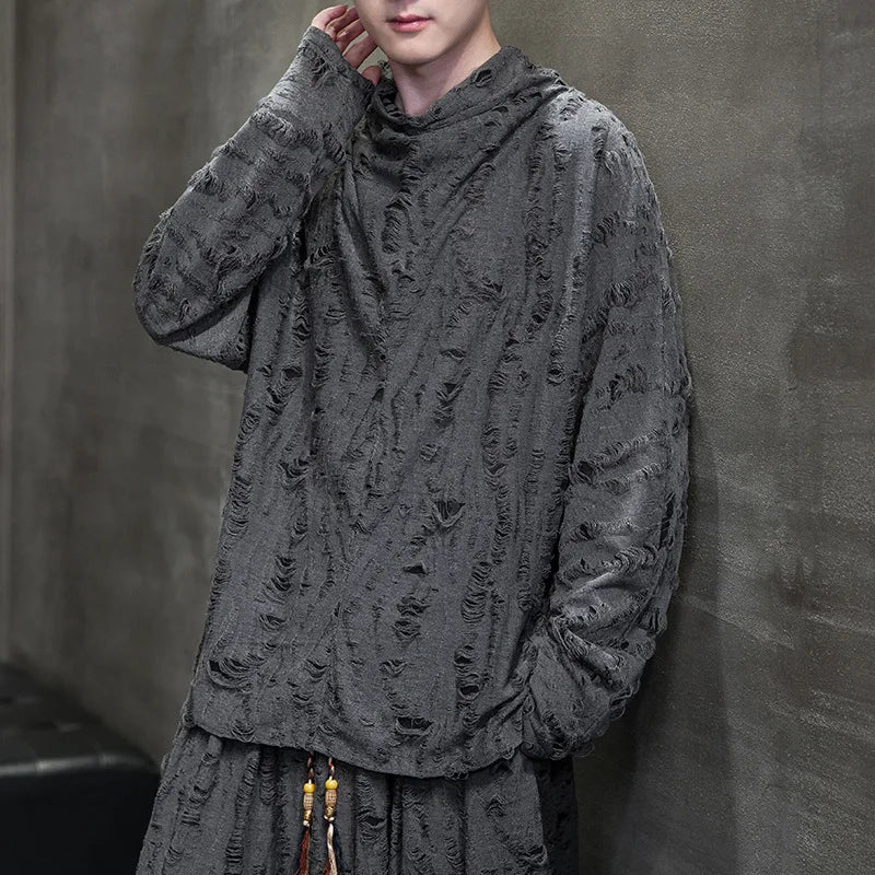Men's Gray Distressed Long-Sleeve Cowl-Neck Shirt