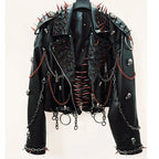 Women's Black Faux Leather Punk Jacket with Spikes and Chains