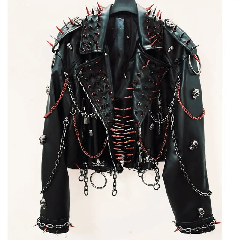 Women's Black Faux Leather Punk Jacket with Spikes and Chains