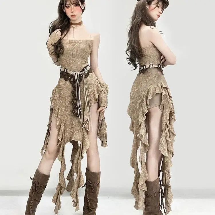 Khaki Strapless Ruffle-Fringe Dress