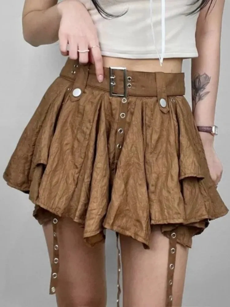 Women's Layered Pleated Mini Skirt with Belt Strap