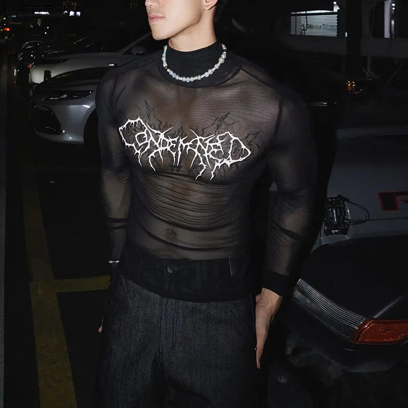 Men's Printed Mesh Turtleneck Long-Sleeve Tee