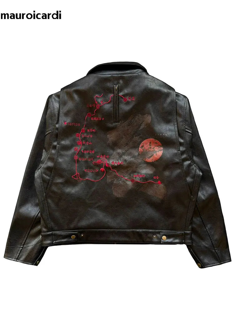 Men's Black Faux Leather Jacket with Red Ribbon Detail