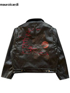 Men's Black Faux Leather Jacket with Red Ribbon Detail