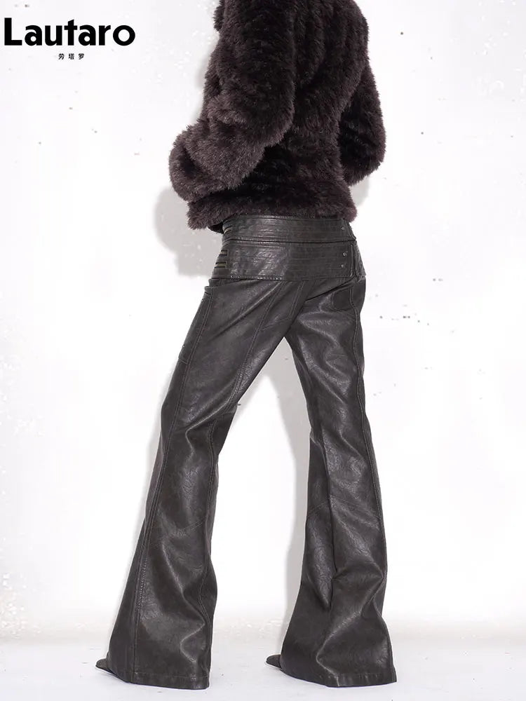 Black-Gray Faux Leather High-Waist Flare Pants