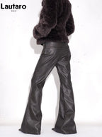 Black-Gray Faux Leather High-Waist Flare Pants
