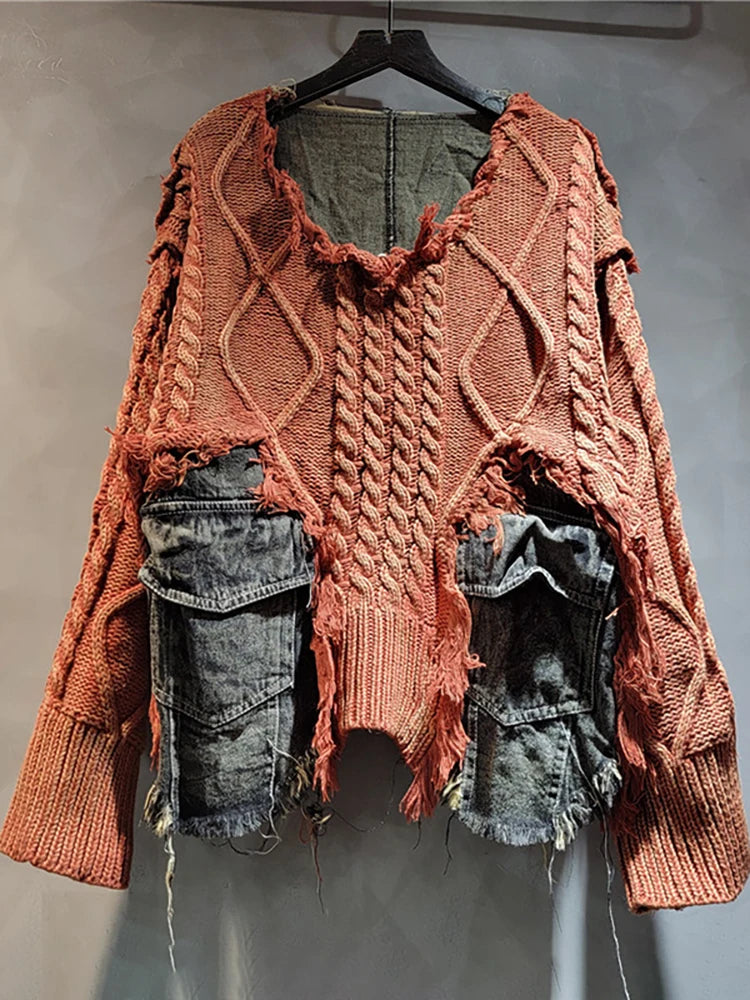Women’s Patchwork Cable-Knit Pullover Sweater with Pockets