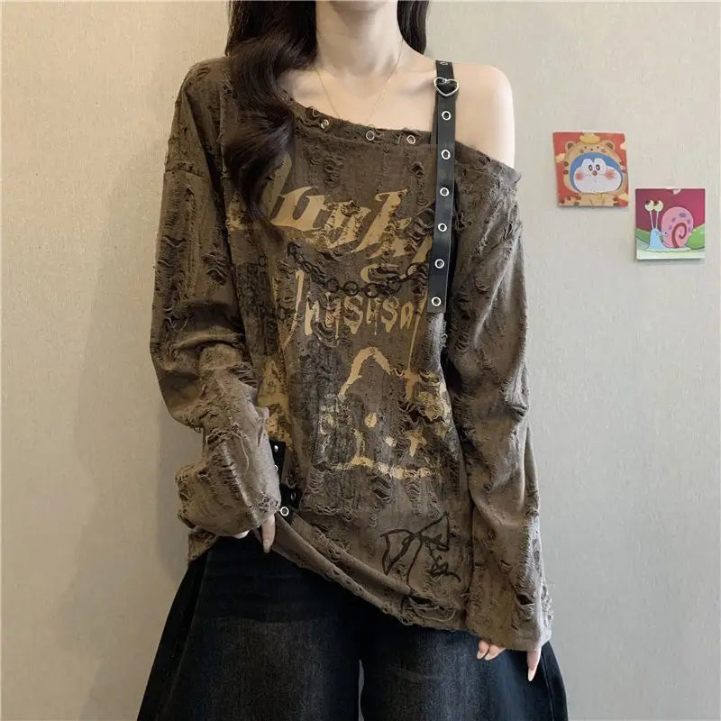 Distressed Off-Shoulder Graphic Long-Sleeve T-Shirt
