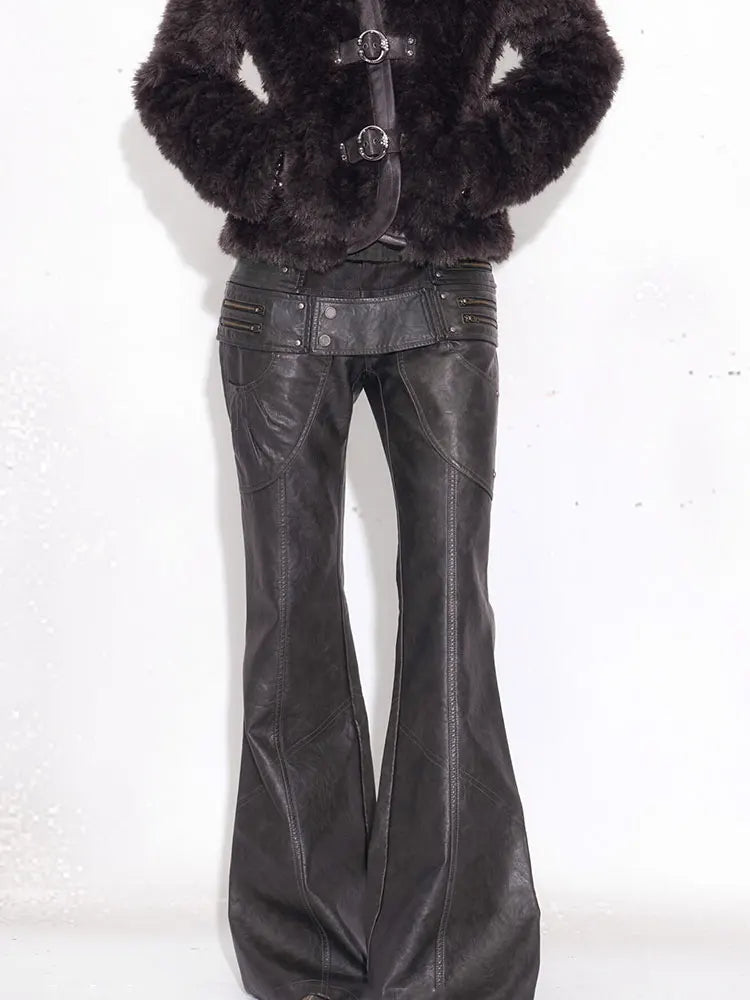 Black-Gray Faux Leather High-Waist Flare Pants