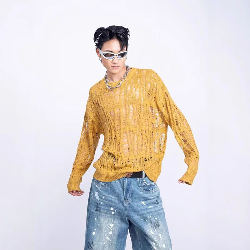 Men's Distressed Open-Knit Crewneck Sweater