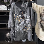 Women's Gray Distressed Butterfly Graphic T-Shirt