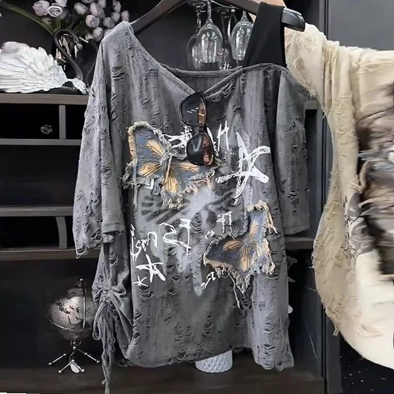 Women's Gray Distressed Butterfly Graphic T-Shirt