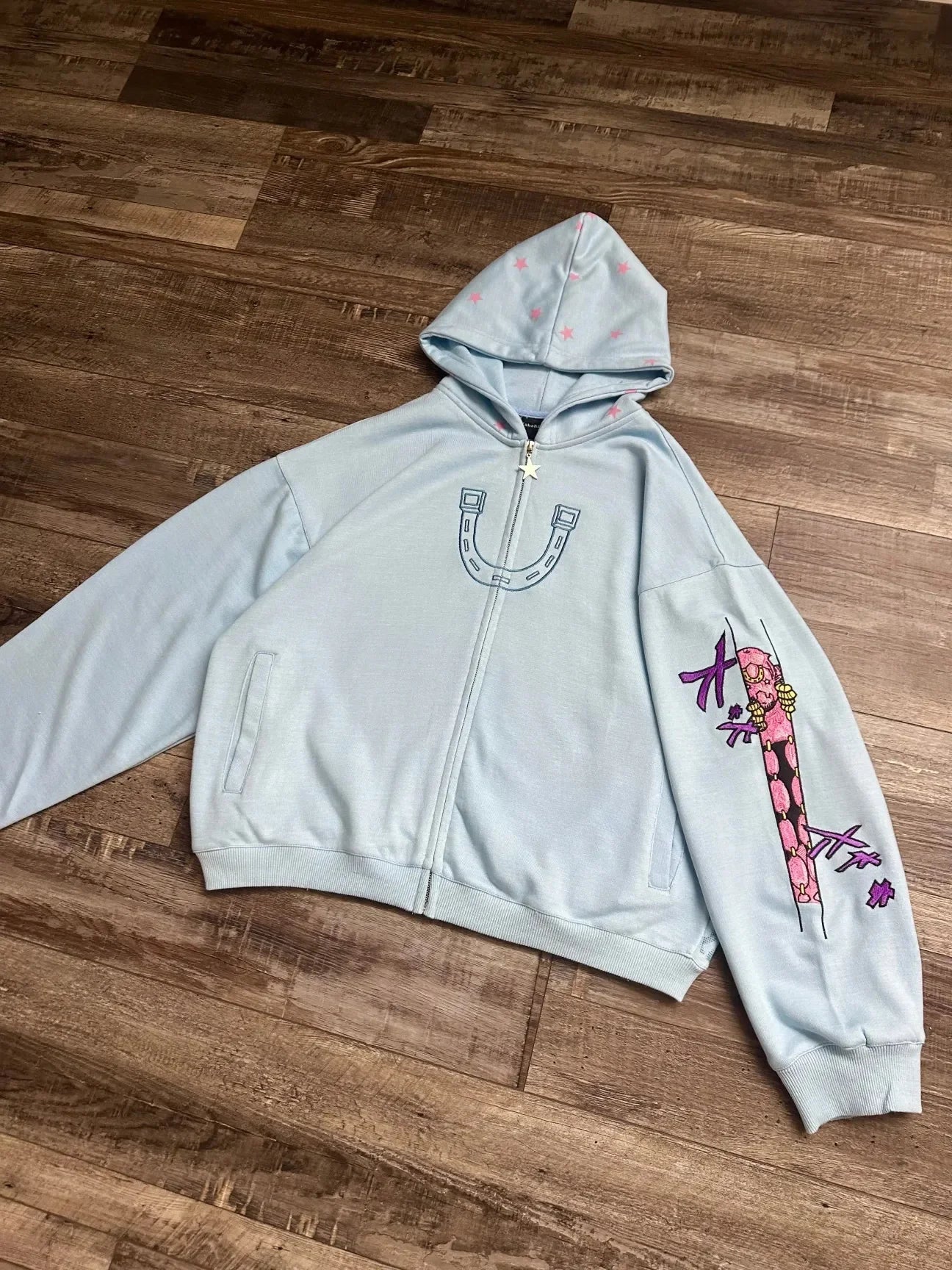 Light Blue Star & Graphic Zip-Up Hoodie