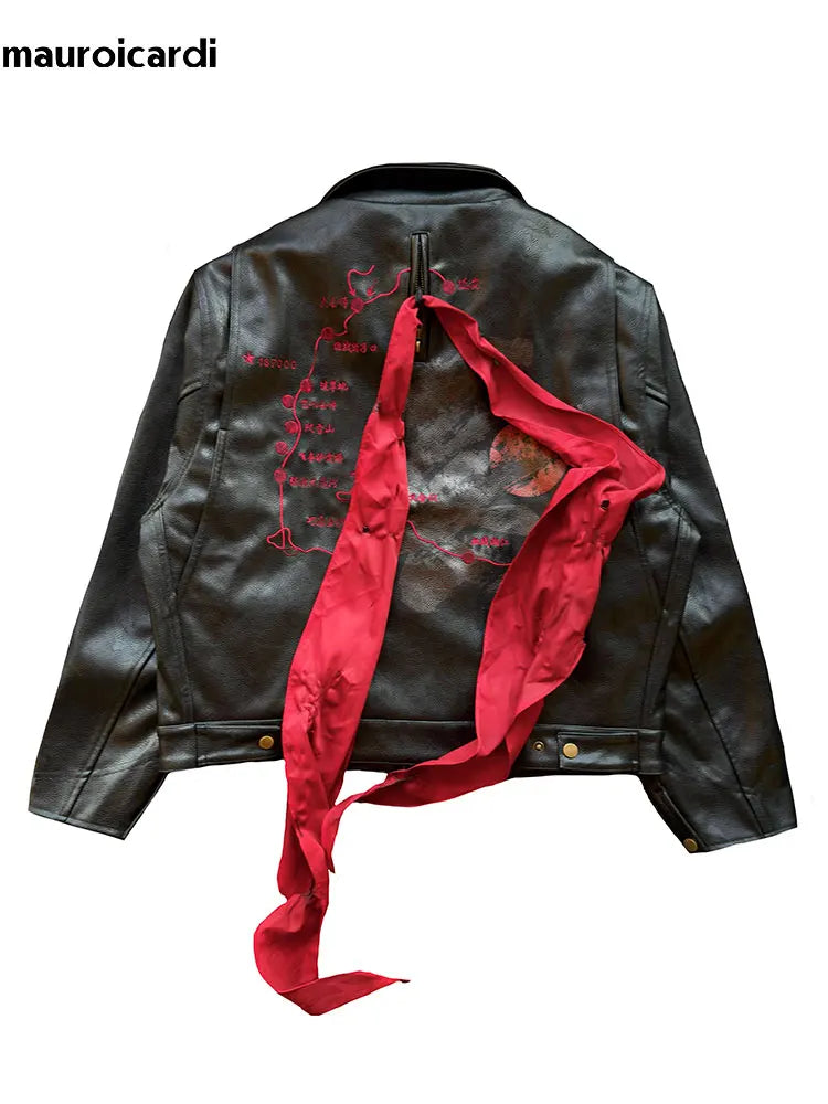 Men's Black Faux Leather Jacket with Red Ribbon Detail