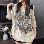 Women's Beige Butterfly Patchwork Graphic Off-Shoulder T-Shirt