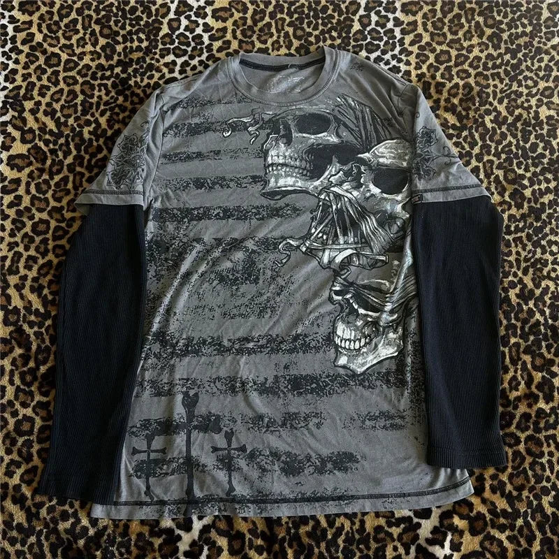 Women's Gray Skull Graphic Long-Sleeve Top