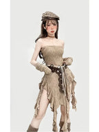 Khaki Strapless Ruffle-Fringe Dress
