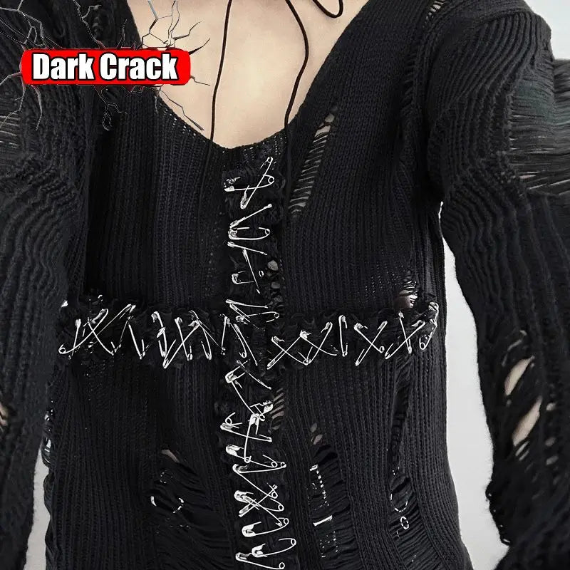 Grunge Distressed Knit Safety-Pin Sweater Top
