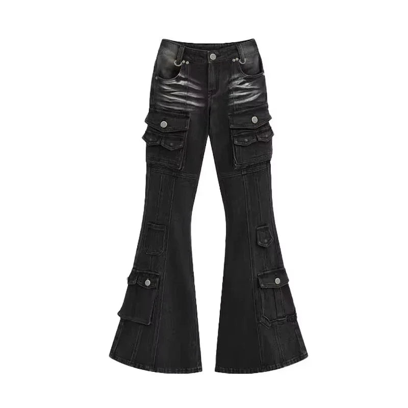 Women's Black Low-Rise Flare Cargo Jeans