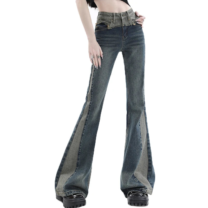 Women’s Blue Patchwork High-Waist Bootcut Jeans