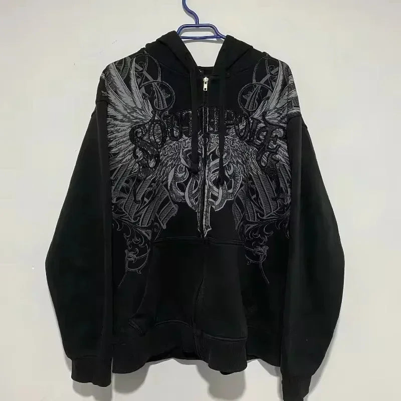 Graphic Zip-Up Hoodie with Hood and Long Sleeves