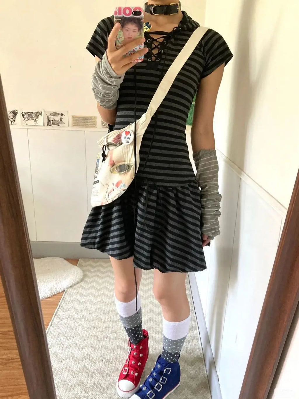 Women’s Black and Gray Striped Lace-Up Short-Sleeve Dress