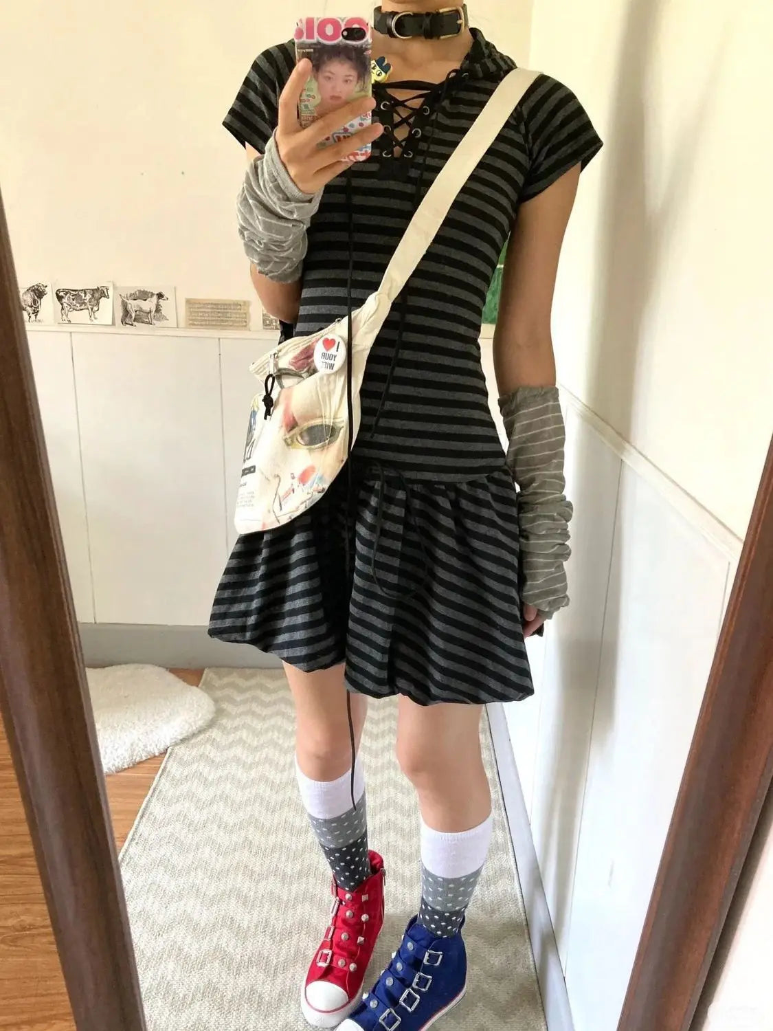 Women’s Black and Gray Striped Lace-Up Short-Sleeve Dress
