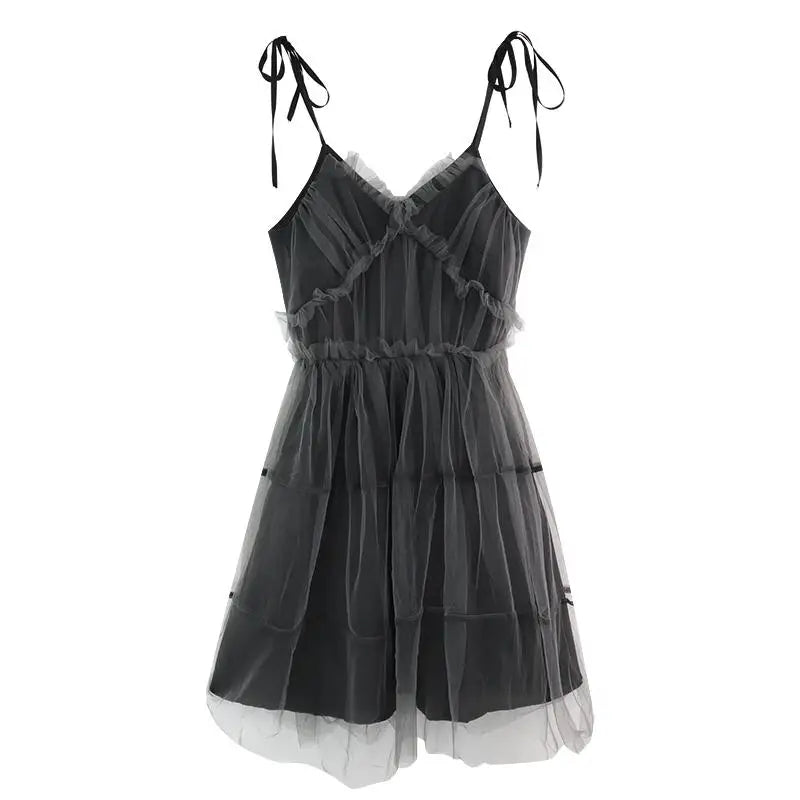 Black Gothic Lace-Up Tulle Mini Dress