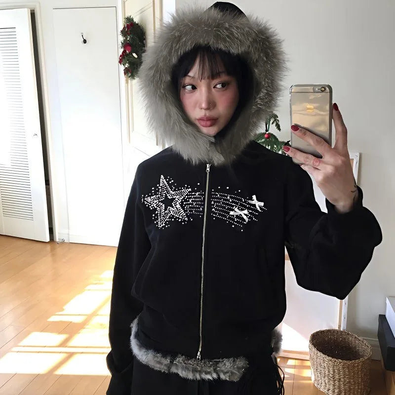 Faux Fur American Vintage Coats with Hooded Women's Y2K Sweatshirts Gothic Harajuku Subculture Punk Emo Sweatshirts and Jacket