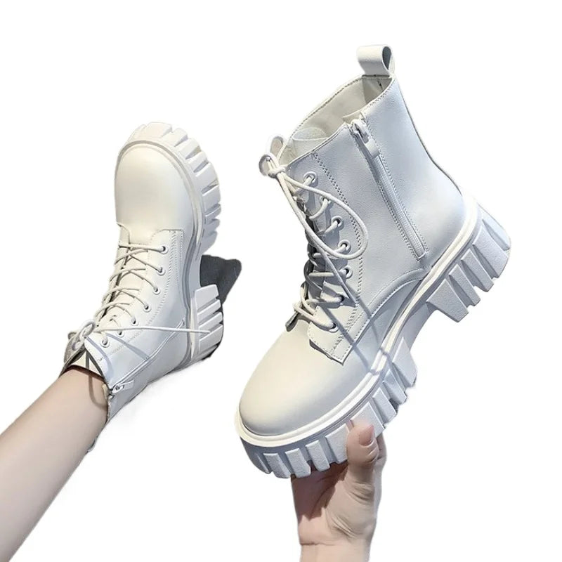 Women's PU Ankle Boots with Lugged Sole – Lace-Up