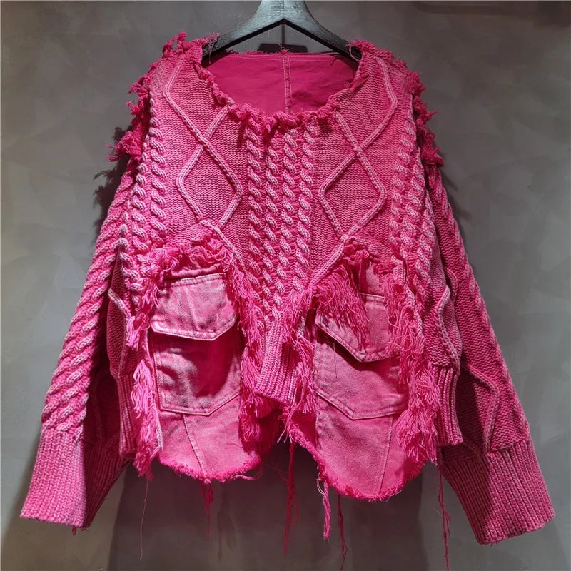 Women's Pink Patchwork Knit Pullover Sweater with Utility Pockets