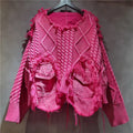 Women's Pink Patchwork Knit Pullover Sweater with Utility Pockets
