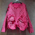 Women's Pink Patchwork Knit Pullover Sweater with Utility Pockets