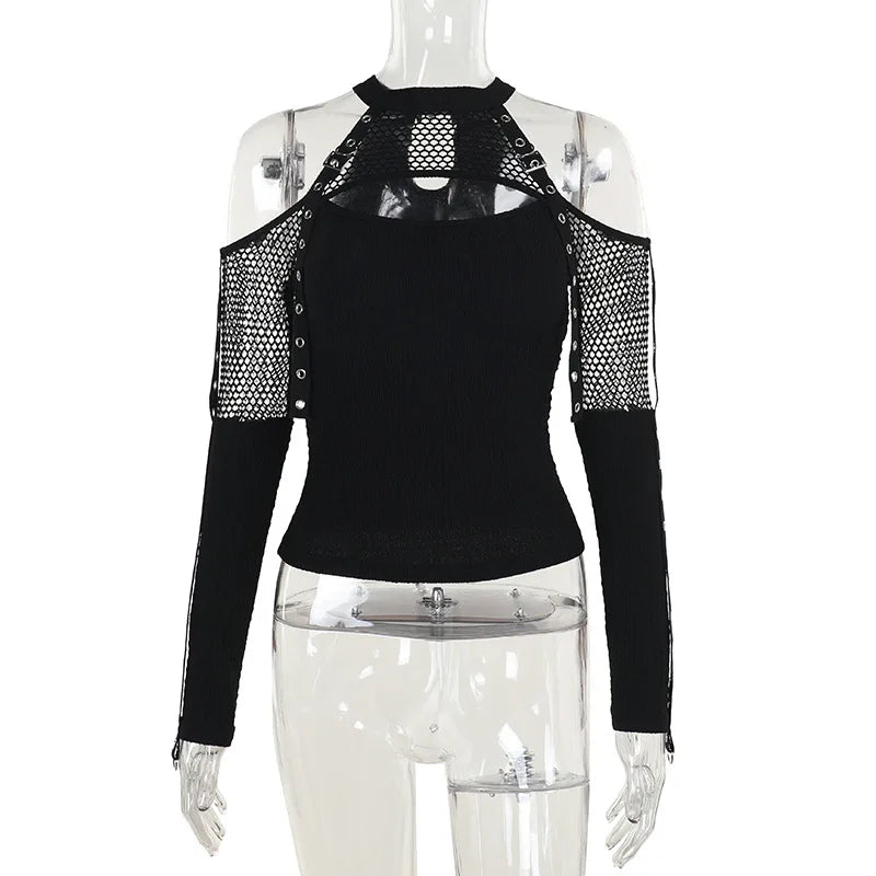Women's Black Gothic Fishnet Cutout Long-Sleeve Top