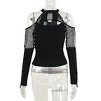 Women's Black Gothic Fishnet Cutout Long-Sleeve Top