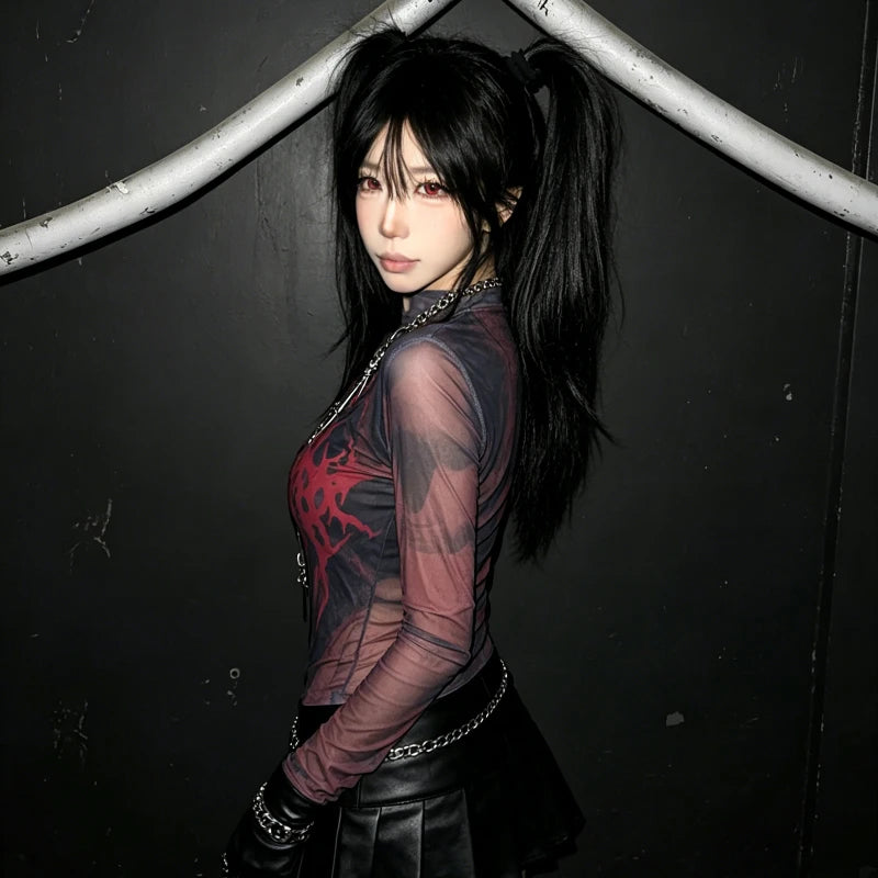 Women's Gothic Sheer Mesh Long-Sleeve Top with Red Graphic Print