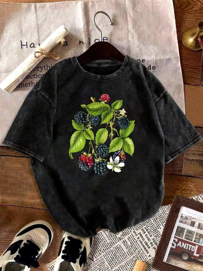 Washed Botanical Print T-Shirt – Short Sleeve Crew Neck