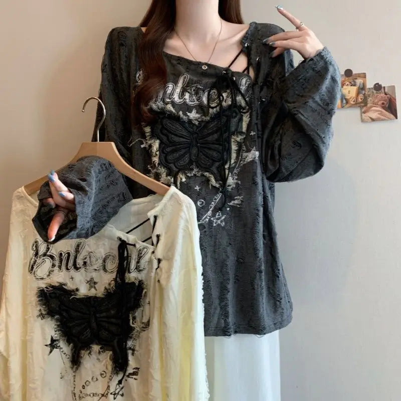 Women's Butterfly Graphic Lace-Up Long-Sleeve Top