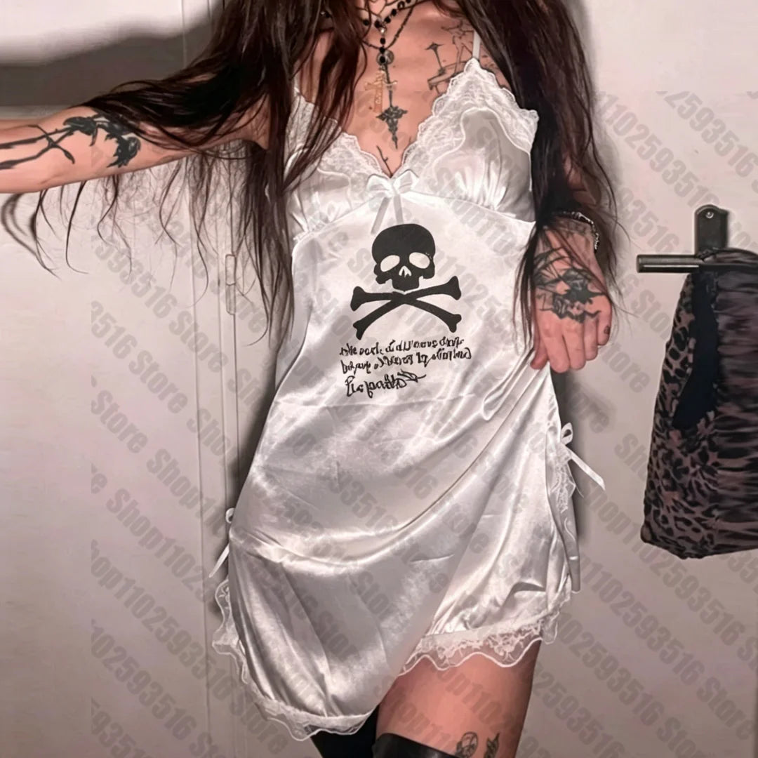 White Graphic Skull Print Mini Dress with Spaghetti Straps