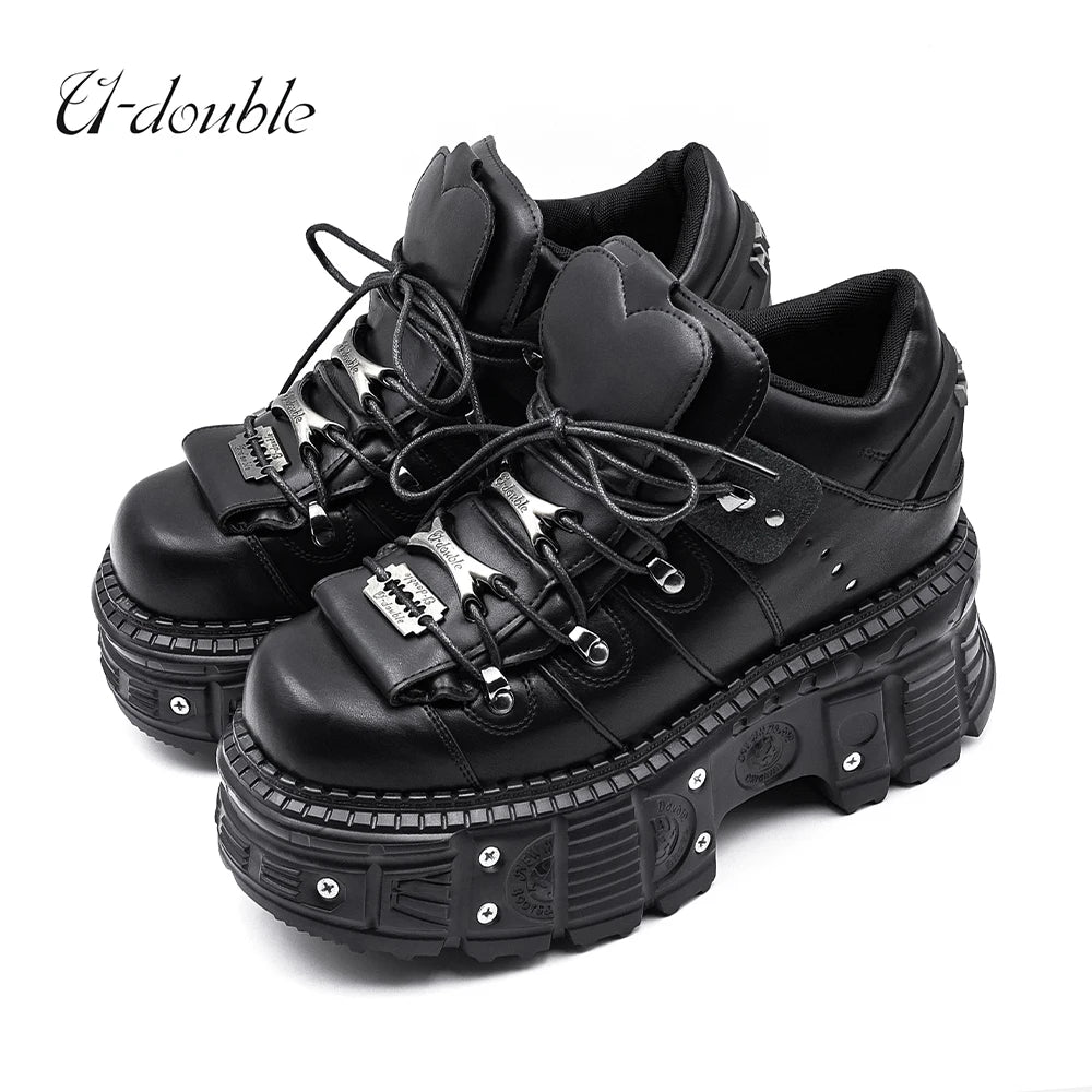 Women's Black Lace-Up Platform Ankle Shoes with Metal Details