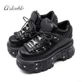 Women's Black Lace-Up Platform Ankle Shoes with Metal Details