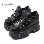 Women's Black Lace-Up Platform Ankle Shoes with Metal Details