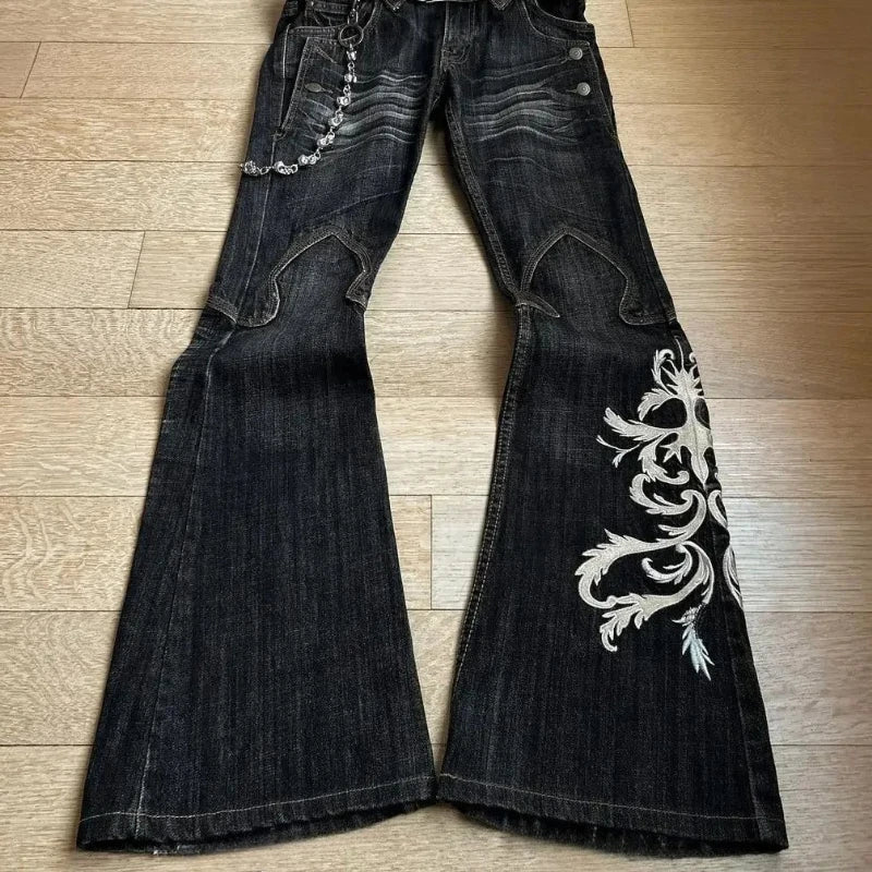 Women’s Black Embroidered Wide-Leg Jeans with High Waist